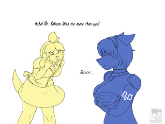 anthro bleh breasts cleavage clothed clothing dialogue duo eyelid_pull eyelid_pull_taunt female gesture making_faces mocking taunting teasing text tongue tongue_out conditional_dnp grinn3r animal_crossing nintendo star_fox super_smash_bros. super_smash_bros._ultimate isabelle_(animal_crossing) krystal_(star_fox) canid canine canis domestic_dog fox mammal shih_tzu toy_dog 4:3 english_text