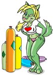 anthro blonde_hair blue_eyes breasts cleavage clothed clothing digitigrade female fur green_body green_fur hair helium_tank one_eye_closed panties pink_nose simple_background smile solo standing underwear white_background wink greyofpta bindi_(character) canid canine canis mammal wolf