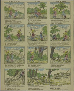 ambiguous_gender anthro biped black_text caption chasing climbing clothed clothed_anthro clothing cloud detailed_background dialogue duo feral fully_clothed fully_clothed_anthro hat headgear headwear looking_at_another male paper_hat plant quadruped shrub sky text toony tree walking walking_stick jean_de_la_fontaine public_domain reynard_the_fox canid canine canis domestic_cat domestic_dog felid feline felis fox mammal 17th_century ancient_art comic detailed dutch_text hatching_(art) hi_res shaded translation_request