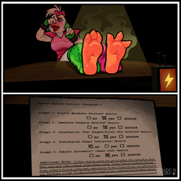 3_toes accessory beak black_border blush border bow_ribbon dirty dirty_feet feathers feet feet_up female foot_focus foot_on_table furniture hair_accessory hair_bow hair_ribbon holding_nose musk ribbons smelly smelly_feet table text toes white_body white_feathers blarf022 five_nights_at_freddy's five_nights_at_freddy's:_security_breach scottgames steel_wool_studios glamrock_chica avian bird chicken galliform phasianid 2026 absurd_res english_text hi_res