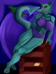 anthro athletic athletic_female bedside_table big_breasts blue_body breasts claws clothing ears_up female female/female fin furniture gills gynomorph hand_behind_back intersex purple_background purple_clothing red_eyes rest simple_background solo standing sturgat table saarnaaja acipenseriformes domestic_cat felid feline felis fish hybrid mammal marine sturgeon 3:4 absurd_res hi_res lineless shaded