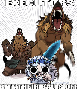 anthro armor brown_body brown_fur claws clothing doll doll_joints dress female fur group hair horn long_hair male melee_weapon multicolored_body multicolored_fur sharp_teeth sword tan_body tan_fur teeth transformation trio weapon white_hair miyann_(artist) elden_ring elden_ring_nightreign fromsoftware werewolf_ripping_shirt executor_(nightreign) revenant_(nightreign) animate_inanimate canid canine humanoid living_doll mammal hi_res meme