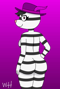 anthro back_boob black_body black_fur black_hair breasts clothing curvy_figure eyebrows eyelashes female fur gradient_background hair hand_on_hip hat hat_only headgear headgear_only headwear headwear_only looking_at_viewer looking_back mostly_nude multicolored_body multicolored_fur pink_nose purple_clothing purple_eyes purple_hat purple_headwear rear_view simple_background smile solo striped_body stripes tailless toony two_tone_body two_tone_fur white_body white_fur weirdohuman piggy_(roblox) roblox zizzy_(piggy) equid equine mammal zebra 2020 hi_res shaded signature simple_shading