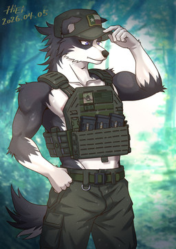 anthro armor athletic athletic_anthro athletic_male black_body black_fur black_nose blue_eyes body_armor bulge clothing floppy_ears fluffy fluffy_tail folded_ears fur furgonomic_headwear furgonomics hat headgear headwear kemono male military_pants military_uniform multicolored_body multicolored_fur nipples outside shirtless solo tail texas_flag two_tone_body two_tone_fur uniform white_body white_fur hiei0221 border_collie canid canine canis collie domestic_dog herding_dog mammal pastoral_dog sheepdog 2026 hi_res