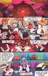 anthro biped clothed clothing detailed_background dialogue exclamation_point fangs female fingers fur grey_body grey_fur grey_hair group hair male open_mouth open_smile pupils question_mark red_sclera smile sound_effects teeth white_body white_eyes white_fur naive_tabby helluva_boss mythology loona_(helluva_boss) queen_bee-lzebub_(helluva_boss) canid canid_demon canine demon fox hellhound humanoid imp mammal mythological_canine mythological_creature absurd_res comic hi_res