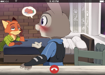 anthro bed biped black_nose blush bodily_fluids brown_body brown_fur carrot chair duo eyebrows female food fur furniture grey_body grey_fur male multicolored_body multicolored_fur open_mouth open_smile orange_body orange_fur plant smile speech_bubble sweat teeth vegetable dagasi disney zootopia judy_hopps nick_wilde canid canine fox lagomorph leporid mammal rabbit hi_res