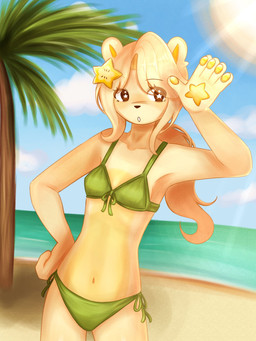 anthro beach bikini blonde_hair blue_sky brown_eyes clothed clothing cloud day detailed_background female fur green_bikini green_clothing green_swimwear hair long_hair navel outside palm_tree pawpads plant ponytail pupils sky solo star_pawpads star_pupils swimwear tree two-piece_swimsuit water white_pupils yellow_body yellow_fur yellow_pawpads flavor_frenzy starfruit_(flavor_frenzy) digital_drawing_(artwork) digital_media_(artwork) hi_res shaded soft_shading
