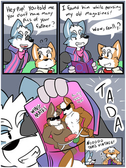 anthro clothing dialogue duo erection eyewear genitals green_clothing green_jockstrap green_underwear humanoid_genitalia humanoid_penis humor jockstrap male male/male nipples penis purple_clothing purple_jockstrap purple_underwear sunglasses text underwear fizzyjay nintendo star_fox fox_mccloud james_mccloud peppy_hare wolf_o'donnell canid canine canis fox hare lagomorph leporid mammal wolf 2019 3:4 digital_media_(artwork) english_text hi_res
