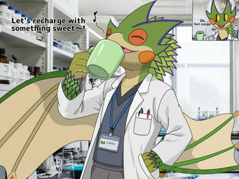 anthro beverage clothed clothing container cup male scales smile solo text wings wonderin_dragon capcom european_mythology monster_hunter mythology bird_wyvern dragon flying_wyvern mythological_creature mythological_scalie pukei-pukei scalie western_dragon wyvern 4:3