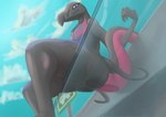 against_surface ambiguous_gender anthro ass_on_glass butt cloud glass looking_at_viewer looking_down looking_down_at_viewer low-angle_view on_glass solo thymine nintendo pokemon generation_7_pokemon pokemon_(species) salazzle hi_res