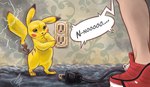 carpet clothing duo feral footwear fur furniture inside male outlet plug speech_bubble text wall_(structure) yellow_body yellow_fur aerosaur83 nintendo pokemon generation_1_pokemon human mammal pikachu pokemon_(species) rodent absurd_res hi_res