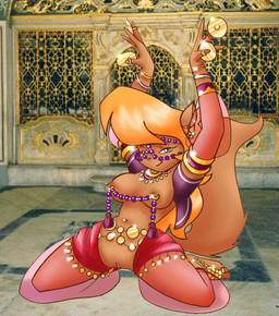 anthro breasts clitoris coin_belt dancing ear_piercing female genitals harem harem_outfit navel navel_piercing nipple_piercing nipples piercing solo tail vulva unknown_artist hanna-barbera swat_kats callie_briggs domestic_cat felid feline felis mammal