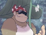 anthro clothing eyewear grin kerchief leaf male muscular muscular_male pecs raining shirt smile solo sunglasses tank_top text topwear minashirazu donkey_kong_(series) nintendo funky_kong ape gorilla haplorhine mammal primate 4:3 japanese_text