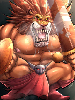 abs anthro balls barazoku barely_visible_balls barely_visible_genitalia blush bodily_fluids bottomwear breath brown_mane clothed clothing crouching drooling fangs front_view fur genitals glistening glistening_eyes holding_melee_weapon holding_object holding_shield holding_sword holding_weapon loincloth looking_at_viewer male mane melee_weapon muscular muscular_anthro muscular_male open_mouth orange_body orange_fur pecs pubes red_bottomwear red_clothing red_loincloth red_tongue saliva shield simple_background solo sword teeth tongue topless weapon whiskers yellow_eyes crazydrak red_earth leo_(red_earth) felid lion mammal pantherine 3:4 hi_res