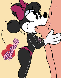 accessory anthro balls bangs black_body breasts clothed clothing duo female genitals gloves hair_accessory hair_ribbon handwear male male/female male_human nude nude_female nude_male oral penis ribbons tail topless topless_female underwear tzalanti disney minnie_mouse human mammal mouse murid murine rodent hi_res