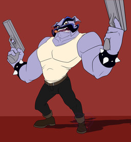 anthro belt biceps black_hair blue_hair bottomwear bracelet brown_eyes cigarette cigarette_in_mouth clothing deltoid footwear gun hair handgun holding_gun holding_object holding_ranged_weapon holding_weapon jewelry male manly muscular muscular_anthro muscular_male object_in_mouth open_mouth pants pecs pistol pose purple_body ranged_weapon red_background sharp_teeth shirt shoes simple_background solo spiked_bracelet spikes standing tank_top teeth topwear weapon ichi_coocoo sly_cooper_(series) sony_corporation sony_interactive_entertainment sucker_punch_productions muggshot bulldog canid canine canis domestic_dog mammal mastiff molosser 2021 absurd_res hi_res