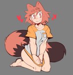 animal_ears barefoot bottomless bottomless_female bottomless_humanoid breasts clothed clothing collarbone eye_through_hair eyebrow_through_hair eyebrows feet female female_humanoid front_view grey_background hair heart_symbol light_body light_skin markings orange_eyes ring_(marking) ringed_tail shirt shirt_only shirt_pocket simple_background smile solo striped_markings striped_tail stripes t-shirt tail tail_markings topwear topwear_only translucent translucent_hair derpyfox_36 animal_humanoid canid canid_humanoid canine canine_humanoid humanoid mammal mammal_humanoid tanuki_humanoid 2023 digital_drawing_(artwork) digital_media_(artwork) full-length_portrait portrait