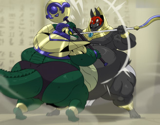 anthro armor belly big_belly big_butt black_body black_fur blurred_background blurred_foreground butt clothed clothing duo fight fur gold_(metal) gold_armor green_body green_scales headgear helmet huge_belly large_male male obese obese_anthro obese_male overweight overweight_anthro overweight_male partially_clothed partially_clothed_anthro partially_clothed_male scales weapon white_sclera yellow_sclera reagan700 aun-ib khopesh_(a-side) alligator alligatorid canid canine canis crocodilian jackal mammal reptile scalie hi_res