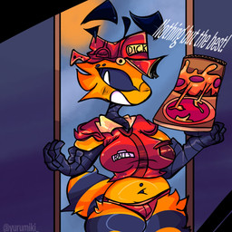 antennae_(anatomy) anthro arthropod_abdomen belly big_breasts black_body black_exoskeleton black_sclera blush breasts clothed clothing container crop_top exoskeleton eyebrow_piercing facial_piercing female food fur hat headgear headwear holding_container holding_object holding_pizza_box midriff multicolored_body navel navel_piercing open_mouth panties pantsless piercing pizza pizza_box pockets pupils red_clothing red_crop_top red_hat red_headwear red_panties red_shirt red_topwear red_underwear shirt slightly_chubby snout solo standing text thick_thighs topwear two_tone_body underwear white_pupils yellow_body yellow_fur somethingnyla pizza_bee_(xexeezy) arthropod bee hymenopteran insect 1:1 artist_name digital_media_(artwork) english_text hi_res portrait three-quarter_portrait