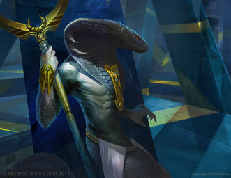 abs anthro apode clothing gold_(metal) gold_jewelry green_body green_scales holding_object holding_staff jewelry legless looking_aside male muscular muscular_male red_eyes scales serpentine solo staff white_clothing anastasia_ovchinnikova hasbro magic:_the_gathering wizards_of_the_coast draconcopode naga 2017 official_art