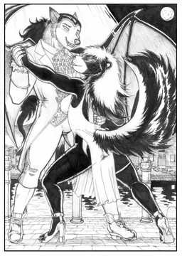 anthro bottomwear breasts clothing dancing dress duo fangs female footwear frilly furgonomic_bottomwear furgonomics hair high_heels male mature_anthro mature_female membrane_(anatomy) membranous_wings moon night ponytail shoes side_slit side_slit_clothing side_slit_dress tail tail_button_bottoms tail_clothing tango_(dance) teeth water wings mariano valencia_(jmh) canid canine mammal mephitid skunk vampire 2012 black_and_white hi_res marker_(artwork) monochrome traditional_media_(artwork) mother_(lore) parent_(lore)