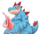 2019 anthro blue_eyes blush condom erection fangs feraligatr filled_condom generation_2_pokemon genitals hi_res holding_own_penis licking licking_lips looking_at_viewer male mammal masturbation nintendo nobby penile penile_masturbation penis pokemon pokemon_(species) sexual_barrier_device simple_background solo teeth tongue tongue_out wearing_condom white_background