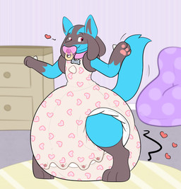 3_fingers 3_toes ambiguous_gender anthro bean_bag big_diaper black_body black_fur black_inner_ear blue_body blue_ears blue_fur blue_tail button_(fastener) clothed clothing collar collar_tag detailed_background diaper diaper_under_clothing diaper_under_onesie dresser feces feet fingers fur furniture heart_symbol huge_diaper inside multicolored_body multicolored_fur object_in_mouth onesie pacifier pacifier_in_mouth pawpads pink_collar pink_pacifier pink_pawpads pooping rug smile snapsuit soiled_diaper soiling soiling_diaper solo tail text toes two_tone_body two_tone_fur unclean_diaper used_diaper wall_(structure) wearing_diaper white_diaper zombineko nintendo pokemon bingleborf generation_4_pokemon lucario pokemon_(species) absurd_res character_name hi_res