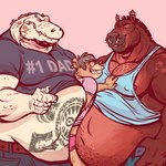 anthro anthro_on_anthro belly belly_bump belly_smother big_belly big_dom_small_sub black_hair blush bodily_fluids body_hair chest_hair clothed clothing dominant ear_piercing facial_piercing group hair interspecies larger_male male male/male manwiched mature_anthro mature_male nose_piercing obese obese_male overweight overweight_male piercing saliva sandwiched shirt size_difference smaller_male smile stomach_hair t-shirt tank_top tattoo teeth text topwear two_doms_one_sub dramamine austin_(night_physics) segremores alligator alligatorid bear crocodilian equid equine horse mammal reptile scalie 1:1 english_text