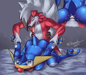 ambiguous_gender arm_pull ball_gag balls_deep eyes_closed from_behind_position gag male male_penetrating penetration prison_guard_position questionable_consent sex tongue tongue_out shoomka nintendo pokemon blu_(shoomka) generation_6_pokemon generation_7_pokemon greninja lycanroc midnight_lycanroc pokemon_(species) hi_res