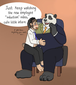 anthro bottomwear business_suit chair clothing dialogue duo furniture hypnosis identity_conversion male male/male mind_control necktie on_lap pants plantigrade ringed_eyes shirt sitting sitting_on_lap speech_bubble suit text topwear transformation blueballs bear giant_panda human mammal english_text