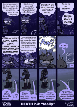 alternative_fashion anthro anti_depressants armwear black_body black_boots black_bottomwear black_clothing black_fingerless_gloves black_footwear black_fur black_gloves black_handwear black_skirt bodily_fluids boots bottomwear cemetery clothed clothed_anthro clothed_female clothing color_coded color_coded_speech_bubble color_coded_thought_bubble crying dialogue female fingerless_gloves fishnet_armwear fishnet_clothing fishnet_legwear footwear fully_clothed fully_clothed_anthro fully_clothed_female fur gloves goth grief handwear implied_suicide legwear magic_user magic_wand makeup mascara memory_erase memory_erasure memory_loss navel navel_piercing panic_attack panicking piercing profanity running_makeup running_mascara sad shoes skirt solo speech_bubble suicidal_ideation tears text thought thought_bubble thoughts tombstone trad_goth witch witchcraft happyroadkill vixen_"fuck-alliteration"_raven avian bird corvid corvus_(genus) oscine passerine raven 2026 absurd_res comic english_text hi_res multiple_scenes trans_(lore) trans_woman_(lore)