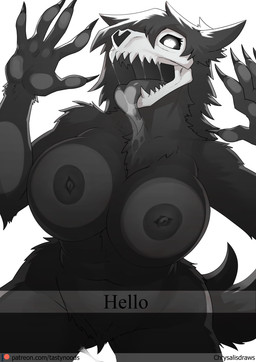 against_surface anthro areola big_breasts black_areola black_body black_fur black_nipples bodily_fluids bone breasts breasts_on_glass female fur genital_fluids heart_eyes heart_symbol nipples nude on_glass sharp_teeth simple_background skull skull_head solo teeth text tongue tongue_out vaginal_fluids white_background chrysalisdraws scp_foundation scp-1471-a canid canine mammal english_text hi_res