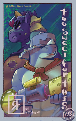 anthro backwards_hat cape clothing duo gun hat headgear headwear horn male ranged_weapon tattoo unicorn_horn weapon rfantasy_art brawl_stars supercell_(company) berry_(brawl_stars) pierce_(brawl_stars) dinosaur prehistoric_species reptile scalie hi_res