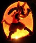 ambiguous_gender anthro canid canine carving food fruit generation_4_pokemon jack-o'-lantern joh-wee looking_at_viewer lucario mammal nintendo plant pokemon pokemon_(species) pumpkin shit_just_got_real solo tail