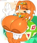 anthro areola big_breasts big_butt biped breasts butt cleavage clothed clothing eyelashes female huge_breasts huge_butt huge_hips huge_thighs looking_at_viewer master_emerald nipples one_eye_closed patreon_logo pupils simple_background smile solo text thick_thighs wide_hips wink jinu patreon sega sonic_adventure sonic_the_hedgehog_(series) tikal_the_echidna echidna mammal monotreme 2024 digital_media_(artwork) hi_res url