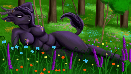 anthro areola big_breasts breasts day ear_piercing ear_ring female flower fur genitals grey_body grey_fur horn humanoid_genitalia humanoid_vulva nipple_piercing nipples nude outdoor_nudity outside piercing plant pose purple_eyes ring_piercing solo tail tree vulva quakehoof philomena_(chaosreverent) bovid caprine goat mammal 16:9 colored hi_res pinup shaded widescreen