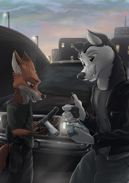 alley anthro backpack biped bridge brown_eyes browning_hi-power business city cityscape duo ears_up gun handgun holding_object holding_weapon light_truck male male_anthro money pickup_truck pistol ranged_weapon smile truck vehicle weapon wolfyalex96 canid canine canis domestic_dog fox husky mammal nordic_sled_dog spitz hi_res