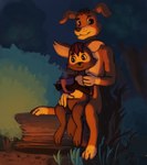 anthro container cup duo female hug male sitting anonymous_artist prostokvashino sharik_(prostokvashino) tama-tama canid canine canis domestic_dog hybrid mammal hi_res