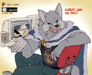 anthro barefoot black_sclera blue_eyes bottomwear clothing computer electronics fangs feet fur grey_arms grey_body grey_ears grey_feet grey_fingers grey_fur grey_hands open_mouth pants teeth text dahecksajerry elden_ring fromsoftware blaidd_(elden_ring) canid canine canis mammal wolf 2025 english_text hi_res