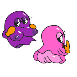 bedroom_eyes breasts clothing duo eyelashes eyeshadow female genitals glistening glistening_body gloves handwear makeup narrowed_eyes nipple_fetish open_mouth orange_clothing orange_gloves orange_handwear pink_body pink_eyeshadow purple_body purple_eyeshadow seductive smile vulva jk-kino bandai_namco pac-man_(series) pinky_(pac-man) sue_(pac-man) ghost monster spirit 1:1