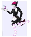 anthro armsocks armwear bell bell_collar beverage bottomwear bow_tie cleaning clothed clothing clothing_lift collar copyright_symbol corset crossdressing dress dress_lift femboy footwear lingerie maid_hat maid_uniform male paws piercing pink_collar skirt slave socks solo symbol topwear uniform samuelwolfo canid canine canis domestic_dog fox mammal wolf hi_res