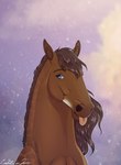 ambiguous_gender blue_eyes brown_body brown_hair brown_mane eyebrows feral hair looking_at_viewer mane simple_background smile solo tongue tongue_out zamch dolero equid equine horse mammal bust_portrait digital_media_(artwork) hi_res portrait signature male_(lore)