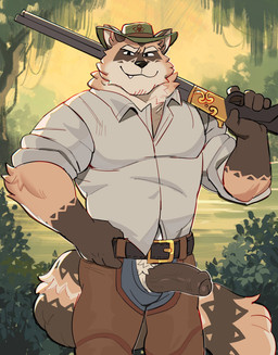 anthro aroused aroused_face aroused_male aroused_smile barazoku bedroom_eyes belt biceps big_muscles big_pecs big_penis black_belt black_clothing blue_bottomwear blue_clothing blue_jeans blue_pants bottomwear brown_body brown_chaps brown_clothing brown_fur chaps clothed clothing cowboy cowboy_hat cowboy_outfit denim denim_bottomwear denim_clothing erection flirting flirting_look flirting_with_viewer forest forest_background fur genitals grass green_clothing green_hat green_headwear grin grinning_at_viewer gun gun_on_shoulder hat headgear headwear holding_gun holding_object holding_ranged_weapon holding_rifle holding_shotgun holding_weapon inviting inviting_to_sex inviting_viewer jeans looking_at_viewer male manly muscular muscular_anthro muscular_arms muscular_male muscular_thighs narrowed_eyes nature nature_background offering_sex offering_to_viewer open_bottomwear open_clothing open_pants outside pants pecs penis penis_poking_out penis_through_fly plant pose presenting presenting_body presenting_penis ranged_weapon rifle rifle_on_shoulder seducing_viewer seductive shirt shotgun showing_off_muscles shrub smile smiling_at_viewer smirk smirking_at_viewer solo standing tail thick_arms thick_penis thick_thighs topwear tough_guy tree unzipped unzipped_clothing unzipped_pants vein veiny_penis weapon weapon_on_shoulder white_clothing white_shirt white_topwear zipper gol1ath mammal procyonid raccoon absurd_res hi_res