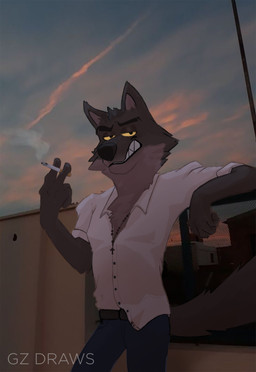 anthro cigarette clothing detailed_background fangs looking_at_viewer male male_anthro shirt smile smoking solo sunset teeth topwear white_clothing white_shirt white_topwear yellow_eyes jayzac dreamworks the_bad_guys mr._wolf_(the_bad_guys) canid canine canis mammal wolf absurd_res hi_res