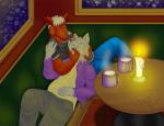 anthro beverage candle clothed clothing duo inside male sitting smile snow amixeduppuppy canid canine mammal