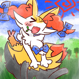 >o< accessory ambiguous_anthro ambiguous_gender anthro biped blush bow_ribbon bow_tie detailed_background digitigrade food front_view grass grass_in_mouth hair_accessory hair_bow hair_ribbon object_in_tail open_:3 open_mouth open_smile outside plant ribbons shrimp_(food) sitting sky smile snout solo sun tail tree annyui0611 nintendo pokemon braixen canid generation_6_pokemon mammal pokemon_(species) 1:1 2022 digital_drawing_(artwork) digital_media_(artwork) full-length_portrait hi_res japanese_description portrait translated_description