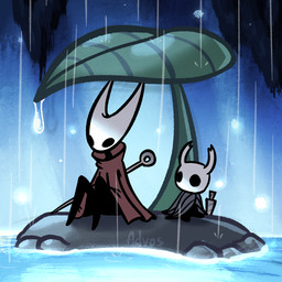 ambiguous_gender anthro biped black_body cloak clothing duo front_view leaf raining sitting water advos hollow_knight_(franchise) team_cherry hornet_(hollow_knight) the_knight_(hollow_knight) arachnid arthropod vessel_(species) 1:1 2025 digital_drawing_(artwork) digital_media_(artwork) signature female_(lore) nonbinary_(lore)