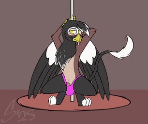 bedroom_eyes blush clothing dancing feral male narrowed_eyes panties peeking_penis pole pole_dancing seductive solo toony underwear sombird mythology avian gryphon mythological_avian mythological_creature hi_res