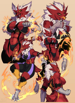 abs anthro beak big_breasts bikini blood blood_from_mouth blood_in_mouth bloodied bodily_fluids bottomwear bra breasts chest_tuft clothing feathers female female_anthro fire hair kick multicolored_body muscular muscular_anthro muscular_female scuted_arms scuted_legs scutes short_tail shorts solo sports_bra swimwear tail tuft two-piece_swimsuit underwear white_hair saltyserpent nintendo pokemon blaziken generation_3_pokemon pokemon_(species) absurd_res hi_res multiple_scenes