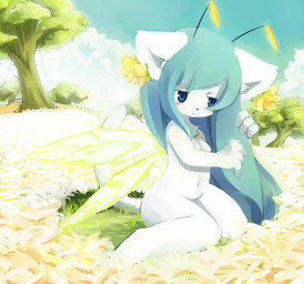 antennae_(anatomy) anthro blue_eyes blue_hair female flower_field hair insect_wings kemono long_hair solo wings kishibe 2008